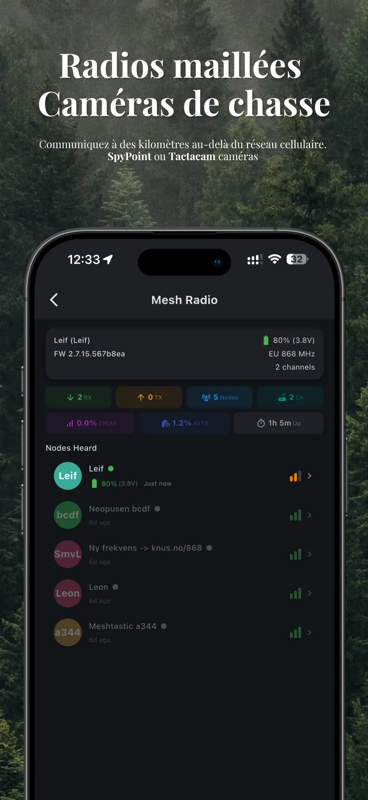 CoHunt - Radios maillées Meshtastic et caméras de chasse (Spypoint, Tactacam Reveal)