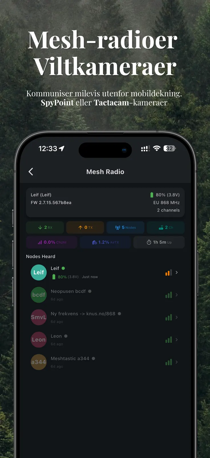 CoHunt - Meshtastic-radioer og viltkameraer (Spypoint, Tactacam Reveal)